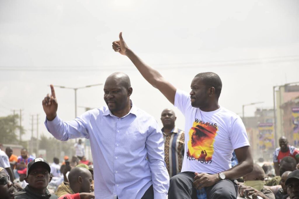 Senator Edwin Sifuna rides alongside Saboti MP Caleb Amisi at the emphatic "Linda Mwananchi" rally in Kitengela town. Picture/Courtesy