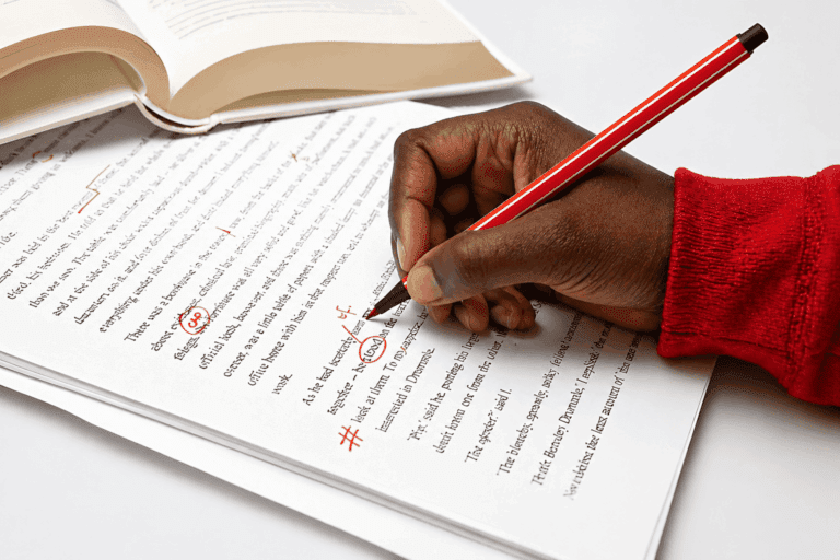A black editor makes changes on a printed manuscript.