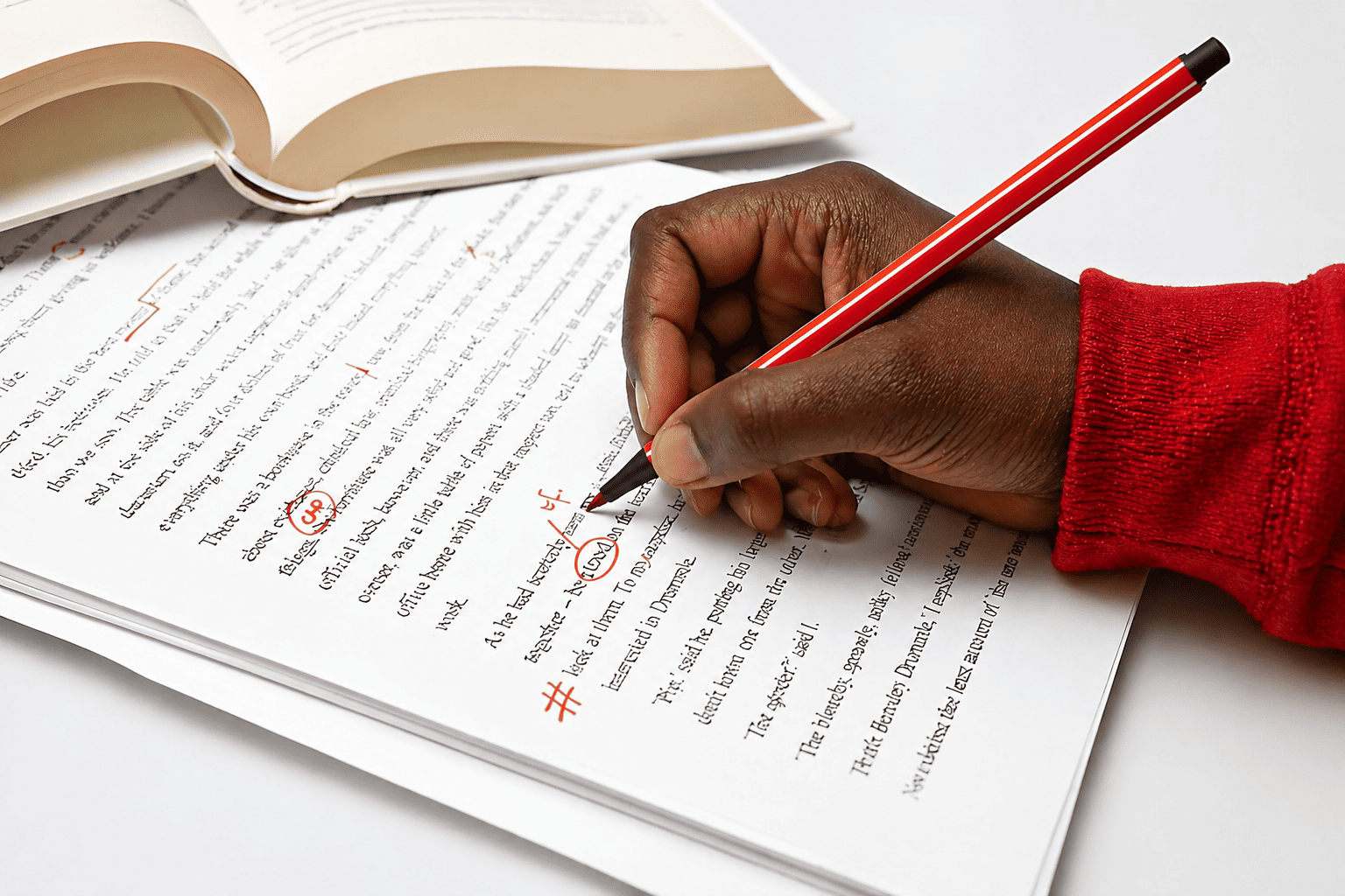 A black editor makes changes on a printed manuscript.