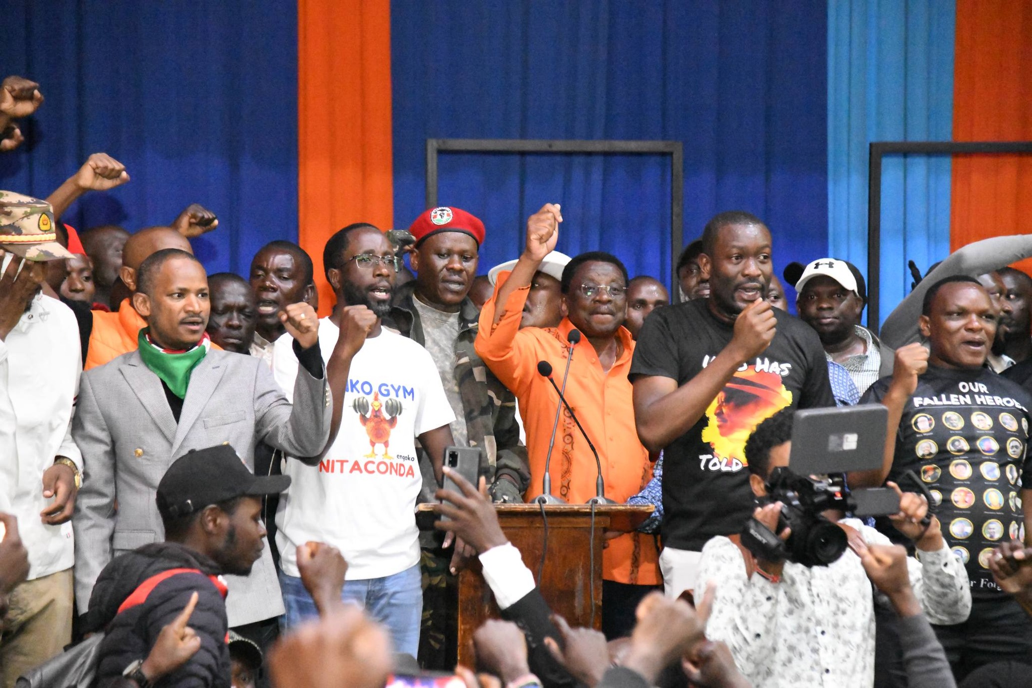 Siaya Governor James Orengo (in an orange shirt), flanked by leaders aligned with the Linda Mwananchi faction, including MP Babu Owino and Senator Edwin Sifuna, attends a parallel “ODM People’s NDC” at Ufungamano House in Nairobi on March 27, 2026. Picture/Courtesy