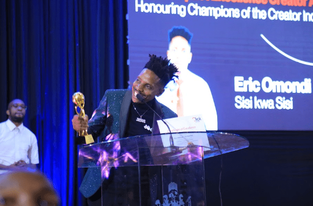 Eric Omondi, comedian and founder of Sisi Kwa Sisi, received the Social Impact Creator Excellence Award during the 2026 Click Awards in Nairobi.