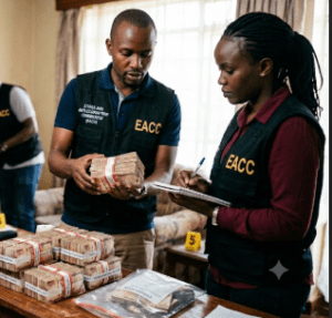 Ethics and Anti-Corruption Commission officers conduct a raid at a suspect’s residence in an ongoing corruption investigation.