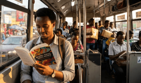 A young reader completely immersed in a book during his daily public transit commute. To capture the modern general audience, authors must look past dry academic frameworks and anchor their work in real-world stories that resonate with everyday experiences.