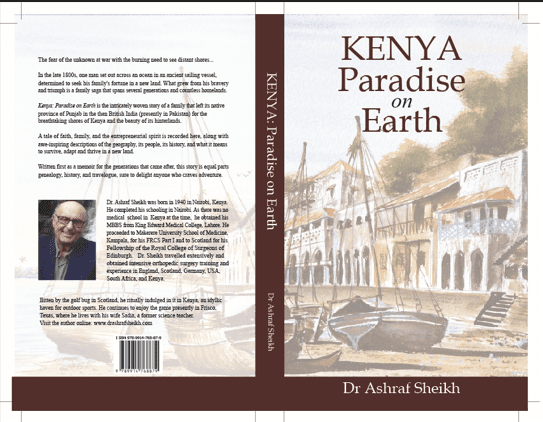 A copy of KENYA: Paradise on Earth, published by Free Press Publishers, showing the front and back covers. The blurb displayed on the back cover is designed to attract and persuade readers to buy the book. In contrast, a synopsis is primarily written for publishers, literary agents, editors, and reviewers, providing a concise overview of the book's content, structure, and intended audience.