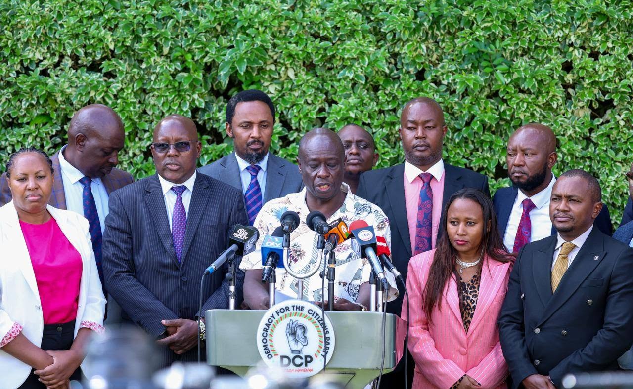 Former Deputy President Rigathi Gachagua reacts to the High Court's judgment on his impeachment during a press briefing in Nairobi on June 9, 2026. He was flanked by leaders affiliated with the Democracy for the Citizens Party. Photo/Rigathi Gachagua