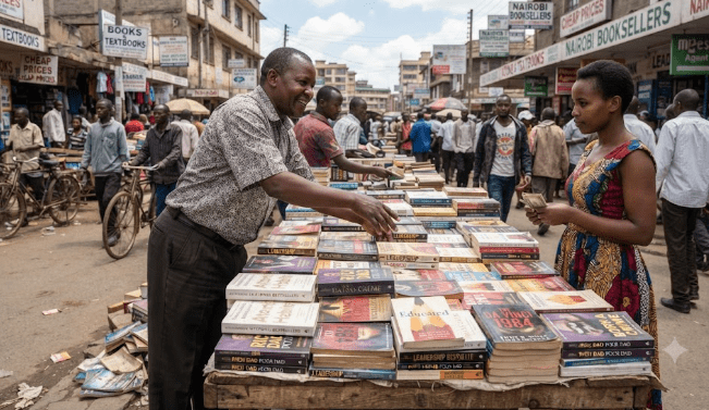 Street vendors display illegally reproduced books at low prices in a Kenyan town market, reflecting the continued challenge of book piracy in the country.
