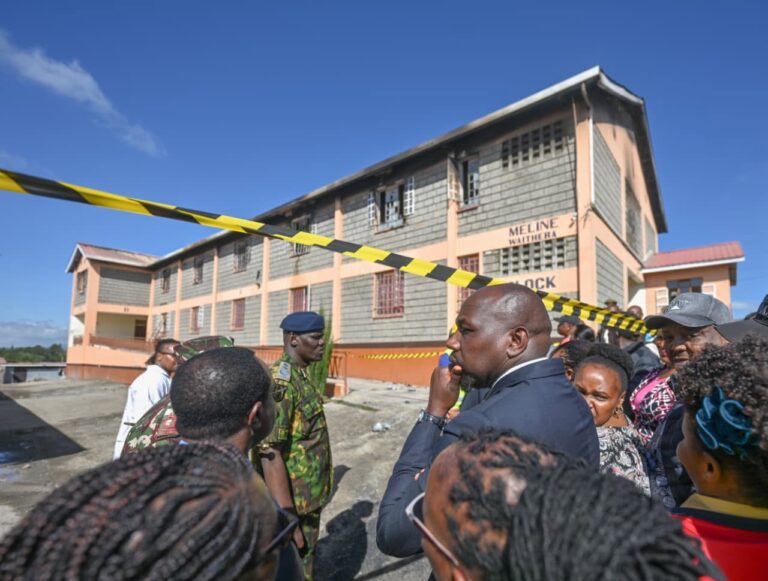 Interior CS Onesmus Kipchumba Murkomen and Education CS Julius Migos Ogamba survey the aftermath of the devastating dormitory fire at Utumishi Girls Academy, as questions mount over school safety and crisis prevention. Photo/Courtesy of Kipchumba Murkomen