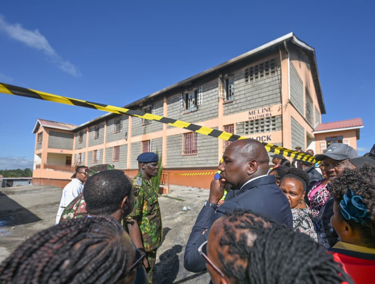 Interior CS Onesmus Kipchumba Murkomen and Education CS Julius Migos Ogamba survey the aftermath of the devastating dormitory fire at Utumishi Girls Academy, as questions mount over school safety and crisis prevention. Photo/Courtesy of Kipchumba Murkomen